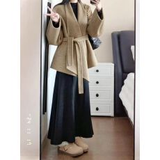 批发原版质量新款韩版<b class='q'>中长款</b>小个子羊毛大衣女浴袍款系带收腰毛呢外套