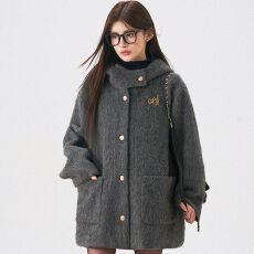 批发慵懒风连帽毛呢外套女装秋冬季新款复古高级感<b class='q'>中长款</b>加厚呢子大衣