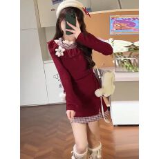 批发辣妹圣诞红色格子荷叶<b class='q'>连衣裙</b>长袖针织<b class='q'>冬季</b>新款收腰显瘦短裙裙子