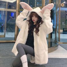批发日系<b class='q'>可爱</b>兔耳朵羊羔毛加绒加厚卫衣女呆萌软妹减龄外套秋冬季款潮
