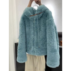 批发2025秋冬仿羊羔女装韩系外套慵懒小个子毛毛新款蓝色连帽<b class='q'>短</b>款上衣