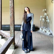 批发篱笆篱笆啦 韩女主 莱赛尔面膜T恤+侧绑带吊带长裤三件套套装女