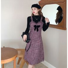 批发新款小香风流苏蝴蝶结吊带连衣裙女秋冬装打底上衣两件套装裙子