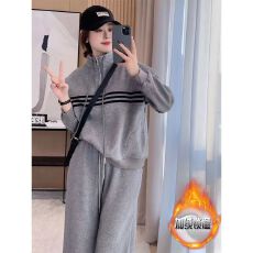 批发<b class='q'>气质</b>立领加厚设计感条纹卫衣套装女装秋季加绒阔腿休闲卫裤两件套