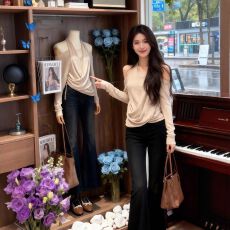 批发人棉法式一字肩荡领垂感<b class='q'>T</b><b class='q'>恤</b><b class='q'>女</b>秋冬交叉挂脖假两件打底衫内搭上衣