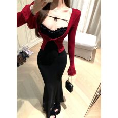 批发别致绝美红色拼接假两件连衣裙女秋冬高级感气质修身性感<b class='q'>包臀</b><b class='q'>长裙</b>