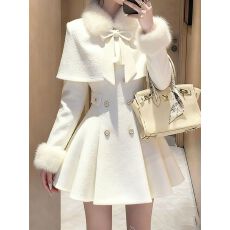 批发甜美千金小姐小香风白色毛呢披肩斗篷外套收腰连衣裙气质<b class='q'>两件套裙</b>