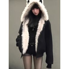 批发美式座山雕猫耳朵毛领连帽棉服<b class='q'>女</b>冬季新款加绒加厚夹克<b class='q'>棉衣</b>外套潮