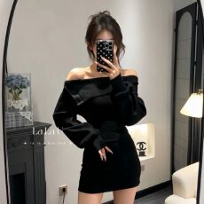 批发巨好看赫本风绝美显身材包臀裙女秋气质收腰黑色一字肩露肩连衣裙