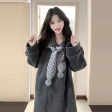 批发【有围巾】韩系小香风灰色毛呢<b class='q'>外套</b>女装冬季2025新款小个子<b class='q'>大衣</b>