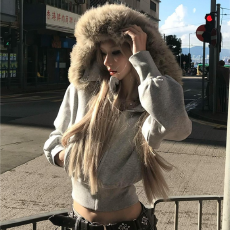 批发好酷好美!!【毛领拼接】美式高街绣花帽衫加绒保暖甜酷风宽松外套