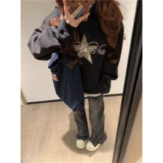 美式连帽卫衣女黑色印花宽松豹纹星星新款长袖复古上衣