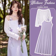 批发<b class='q'>连衣裙</b>套装夏季2025新款韩版显瘦紫色温柔风吊带裙上衣两件套