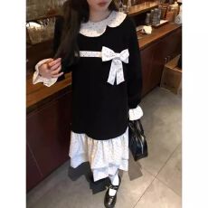 批发黑色娃娃领波点<b class='q'>卫衣</b><b class='q'>连衣裙</b>2025年春季遮肉显瘦减龄胖mm大码长裙