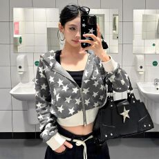 批发纯棉复合满印星星短款卫衣女秋冬款设计感小众长袖外套潮