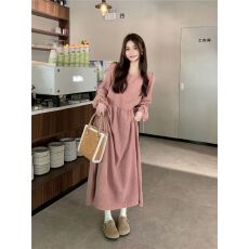 批发2026春装新款灯芯绒 连衣裙女洋气收腰灯笼袖淑女A字裙子宽松长裙