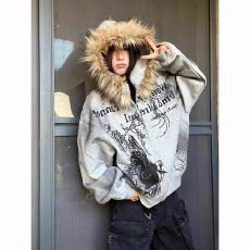 批发原版面料原版做工哥特风毛领开衫连帽卫衣宽松休闲外套男<b class='q'>女</b>秋冬潮