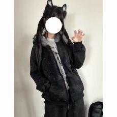 400g华棉复合银狐绒原版面料原版做工满天星免耳朵连帽卫衣套装女