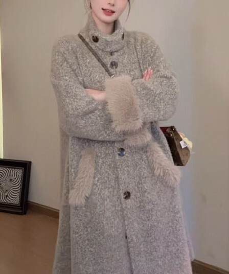 부유 한 가족 천 골드 센스 느긋한 부서 플리스 코트 여성 가을 겨울 스탠드 칼라 루즈핏 롱 코트 모직 외투 품격 다용도