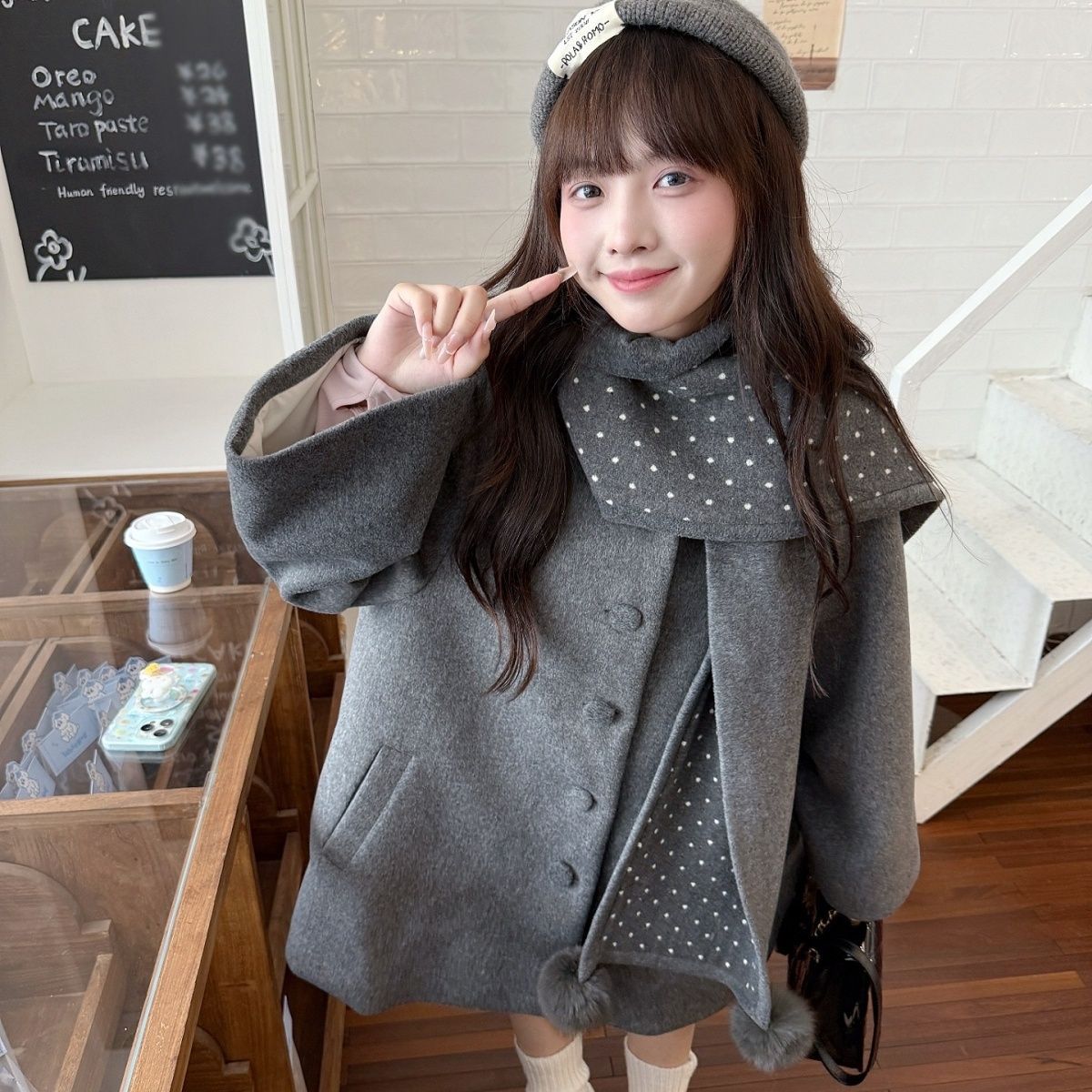 복합 400g 회색 망토 피 모직 여성 코트 다용도 두꺼운 루즈핏 한 부서 나만의 것을 가져와 라. 목도리 코트