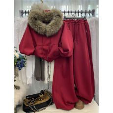 批发氛围感毛领连帽插肩袖<b class='q'>套头卫衣</b>高腰显瘦抽绳阔腿裤休闲<b class='q'>加绒</b>两件套