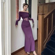 批发蕾丝拼接紫色荡领长袖连衣<b class='q'>裙</b>女冬季显身材鱼尾<b class='q'>裙</b>子纯欲风包臀长<b class='q'>裙</b>