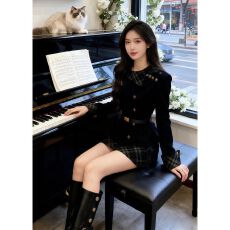 批发法式千金感穿搭一整套超好看冬裙套装收腰呢子外套半身裙子两件套