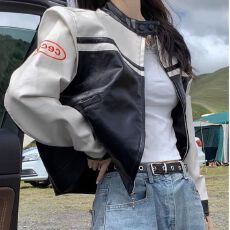 批发港味美式外套女2026冬季新款黑白撞色上衣宽松高腰机车棒球服ins