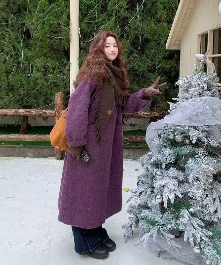 2025 겨울 한 부서 표지 고기 패션 작은 대중 연령 감소 디자인 센스 보라색 양면 고급 센스 롱 코트 외투