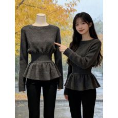 批发法式收腰针织打底衫女春季大码胖mm显瘦遮肉不规则内搭荷叶边上衣