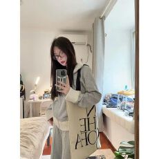 批发新款美式复古灰色套装显瘦运动开衫卫衣高腰阔腿裤两件套