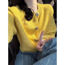 批发法式复古<b class='q'>黄色</b>浣熊绒开衫毛衣外套女宽松慵懒风外穿针织上衣春秋款