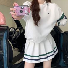 批发裙子有内衬 条纹运动polo领卫衣女早秋美式复古长袖白色辣妹宽松