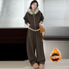 批发螺纹德绒复超柔时尚休闲套装女加绒连帽上衣阔腿裤两件套