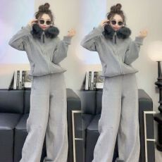 批发纯棉华棉复超柔欧洲站秋季新款韩版宽松毛领拉链外套长裤套装