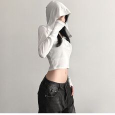 批发原版面料和做法 欧美高腰女长袖修身微透百搭设计感短上衣内搭潮