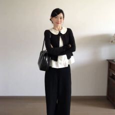 批发甜美风套装长袖开衫外套女娃娃领背心<b class='q'>秋</b>季黑色阔腿裤miu系三件套