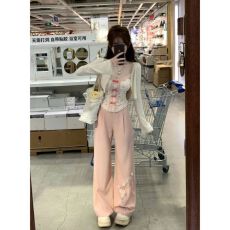 批发春<b class='q'>秋</b>修身显瘦纯欲辣妹碎花吊带背心上衣开衫+高腰阔腿长裤套装女