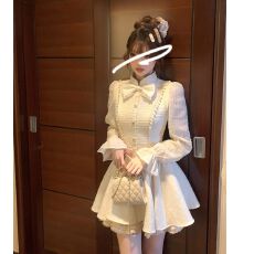 批发小香风高级感蝴蝶结<b class='q'>蕾丝</b>收腰长袖连衣裙女秋冬重工刺绣立领蓬蓬裙