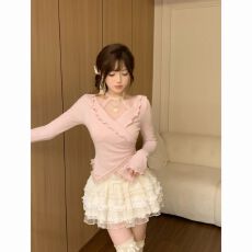 批发纯欲甜美<b class='q'>套装</b>秋季修身显瘦设计感不规则上衣+<b class='q'>蕾丝</b>半身裙两件套女