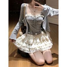 批发早<b class='q'>秋</b>氛围感穿搭一整套纯欲甜美吊带开衫上衣蛋糕短裙三件套小个子