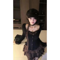 批发纯欲甜辣妹<b class='q'>套装</b>裙女早秋季假两件<b class='q'>蕾丝</b>豹纹上衣穿搭蛋糕裙子两件套