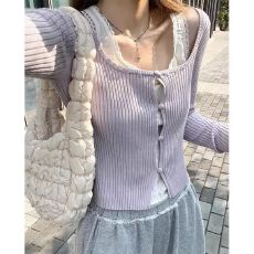 批发韩系假两件紫色针织打底衫女早秋chic甜辣妹<b class='q'>蕾丝</b>花边内搭短款上衣