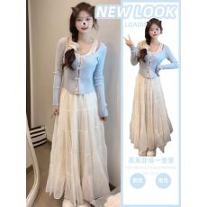 批发小个子春<b class='q'>秋</b>新款假两件蝴蝶结性感纯欲蓝色甜美上衣配半身裙两件套