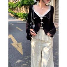 批发蝴蝶结叠穿长袖针织衫<b class='q'>蕾丝</b>吊带背心波点阔腿裤女秋季新款时尚<b class='q'>套装</b>