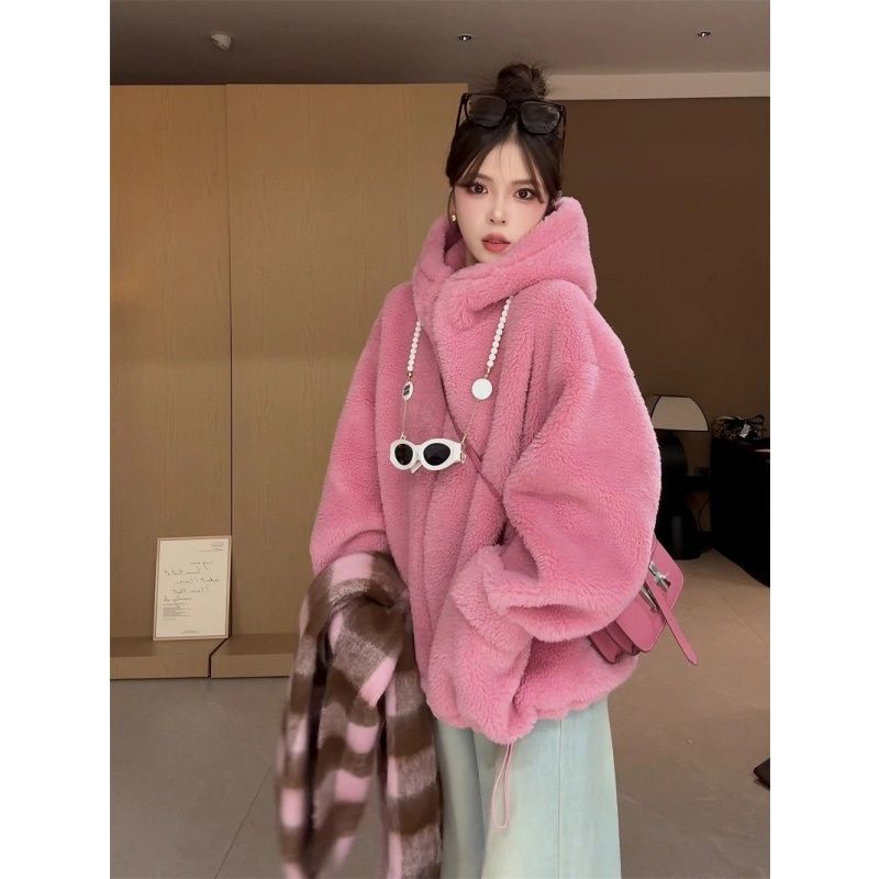 가을 겨울 소녀 두꺼운 쇼트 스타일 후드 스웨이드 원단 양털 모조 가죽 털 하나 환경 보호 모피 재킷