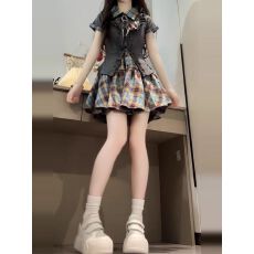 批发法式学院风蓝色<b class='q'>格</b>纹<b class='q'>连衣裙</b>子女夏季2026新款气质辣妹收腰短裙套装