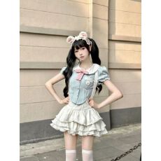 批发纯欲风甜美减龄时尚套装可爱娃娃领收腰衬衫上衣背带蛋糕<b class='q'>蓬蓬</b>裙夏