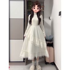 批发秋<b class='q'>冬</b>花边毛针织长袖连衣裙甜系内搭收腰显瘦拼接蛋糕裙女气质甜美