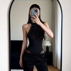 批发挂脖吊带网纱背心女新款秋外穿修身美背显瘦高腰连体衣